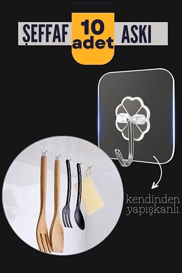10'lu Şeffaf Kendinden Yapışkanlı Güçlü Askı Kancası, Banyo Mutfak Organizer, İz Bırakmaz Pratik Askı