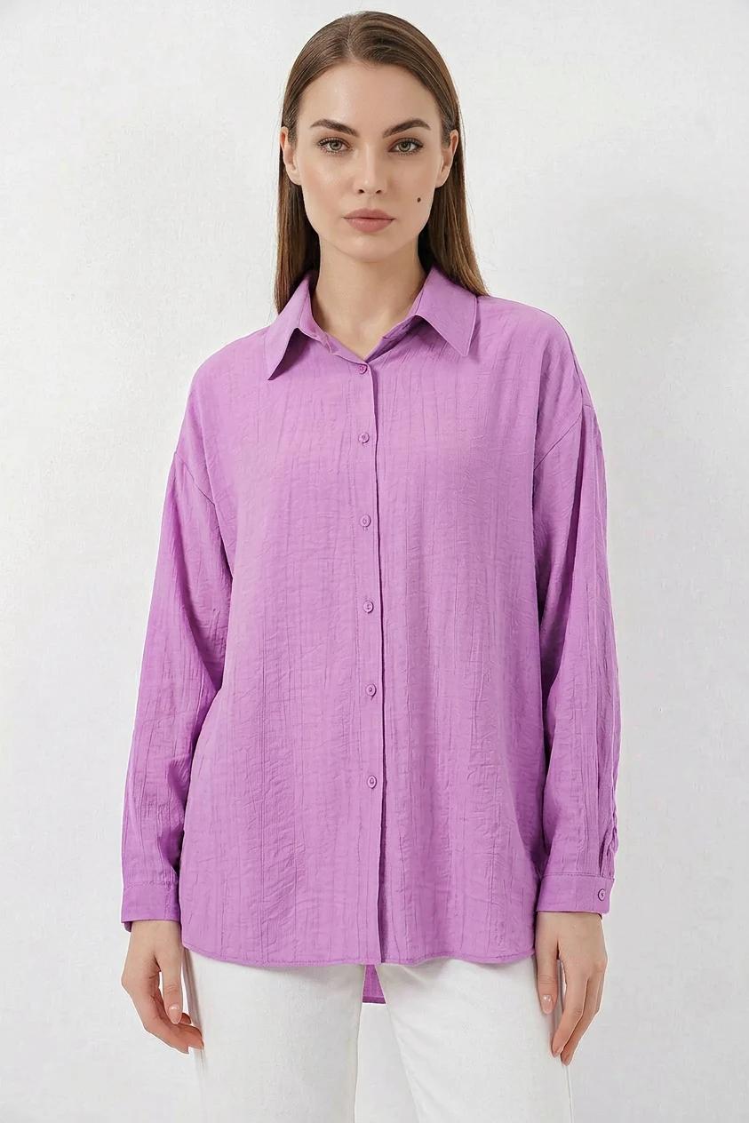 Kadın Oversize Pamuklu Lila Gömlek