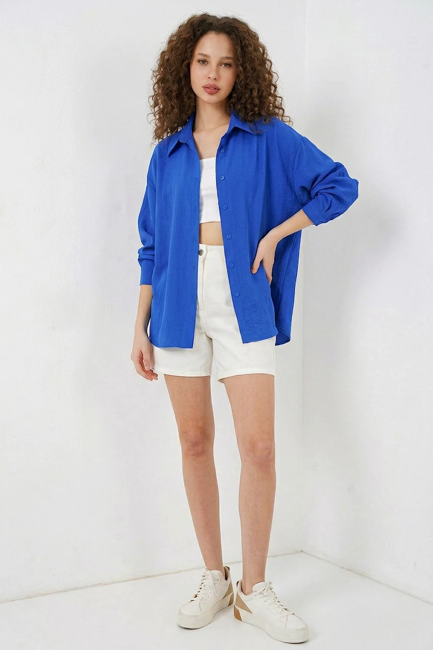 Kadın Oversize Pamuklu Saks Gömlek