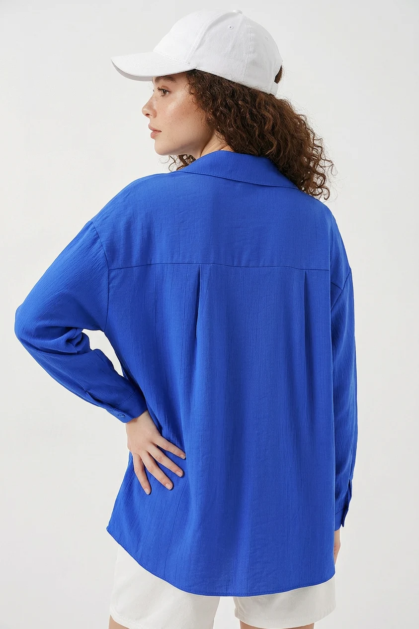 Kadın Oversize Pamuklu Saks Gömlek
