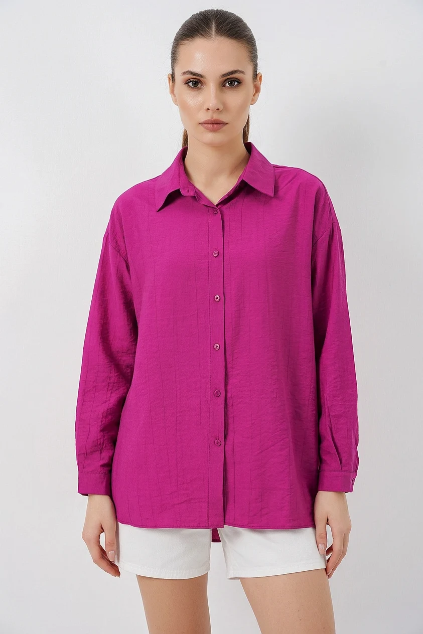 Kadın Oversize Pamuklu Koyu Pembe Gömlek