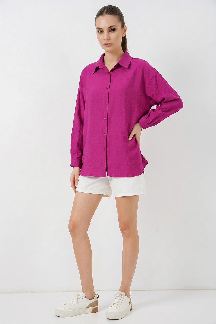 Kadın Oversize Pamuklu Koyu Pembe Gömlek