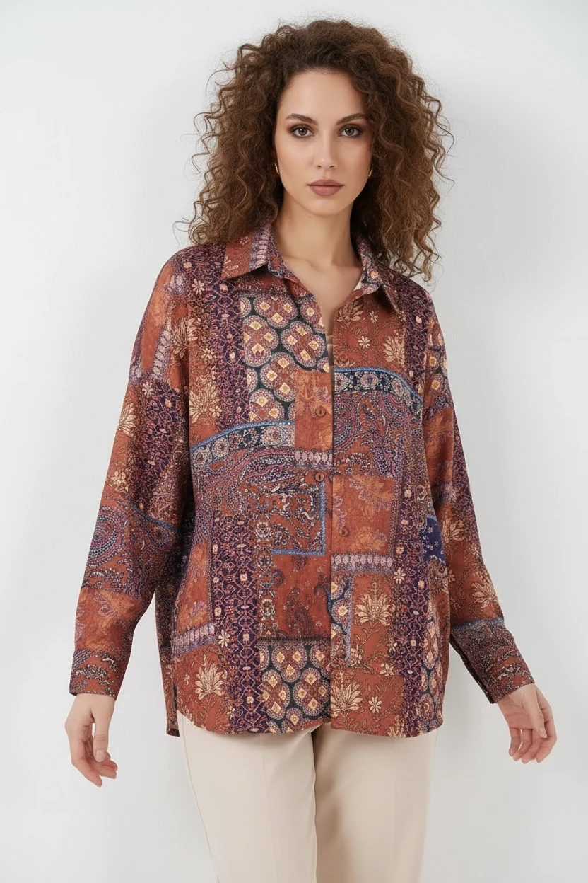 Kadın Oversize Desenli Saten Kiremit Gömlek
