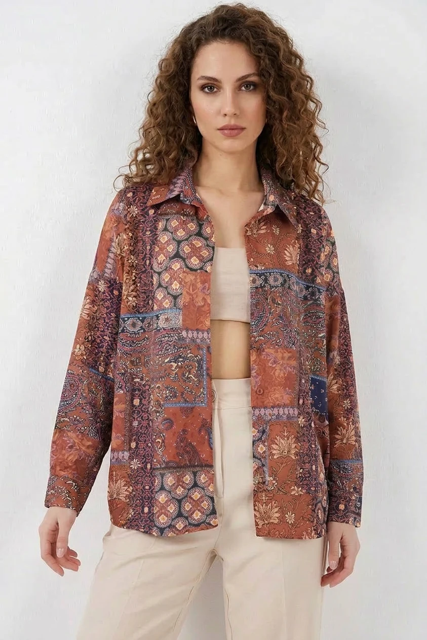 Kadın Oversize Desenli Saten Kiremit Gömlek
