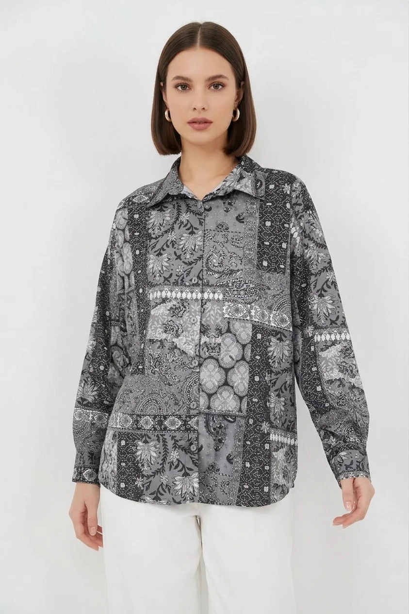 Kadın Oversize Desenli Saten Antrasit Gömlek