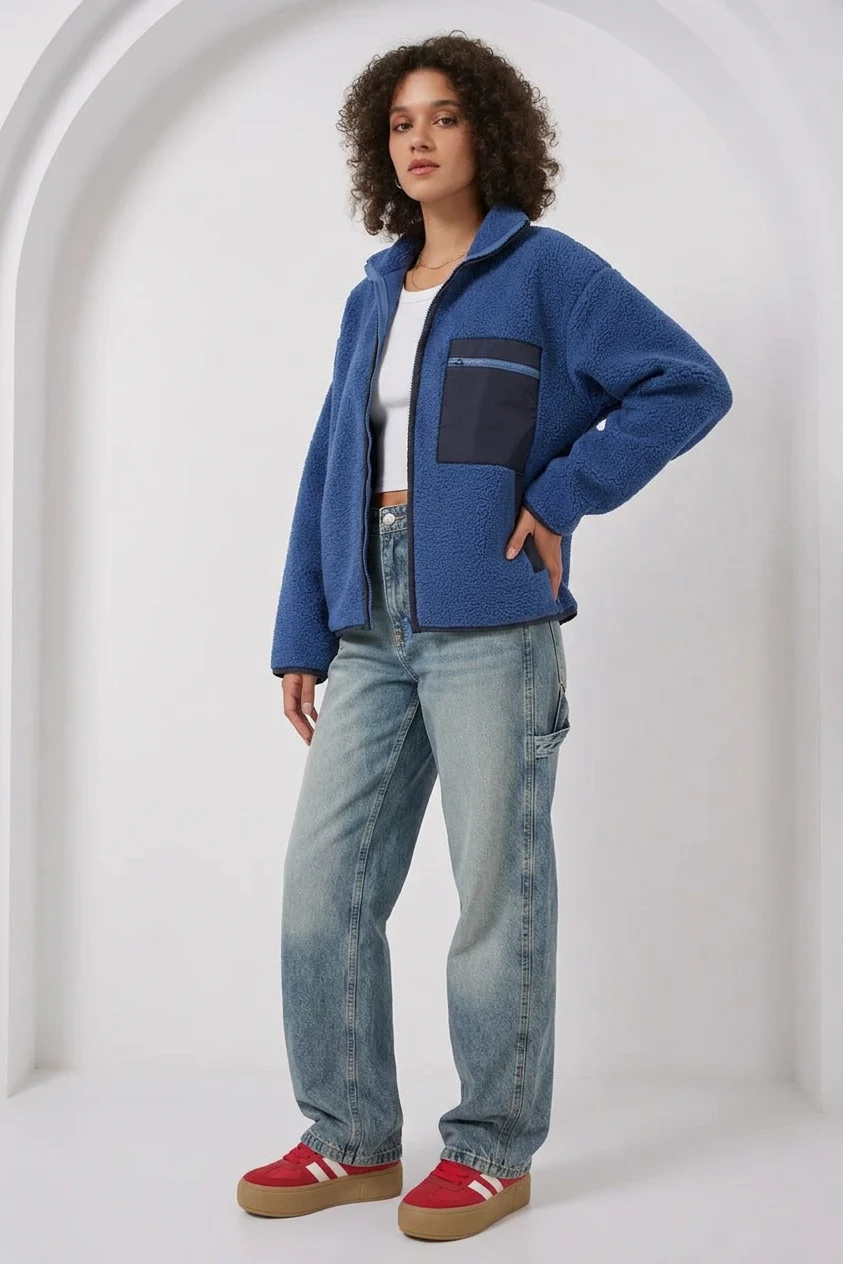 Kadın Dik Yaka Oversize Fermuarlı Cep Saks Ceket