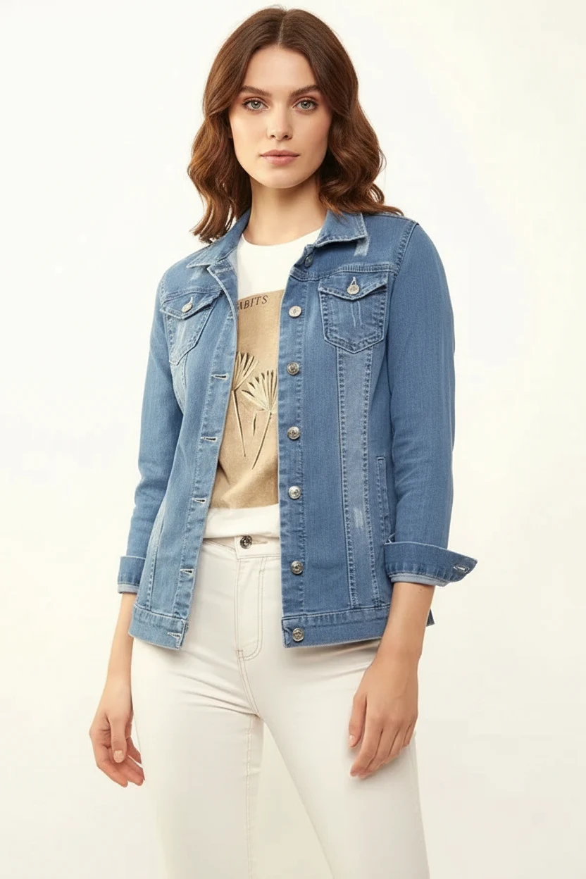 Kadın Klasik Yaka Çift Cepli Oversize Pamuklu Mavi Ceket