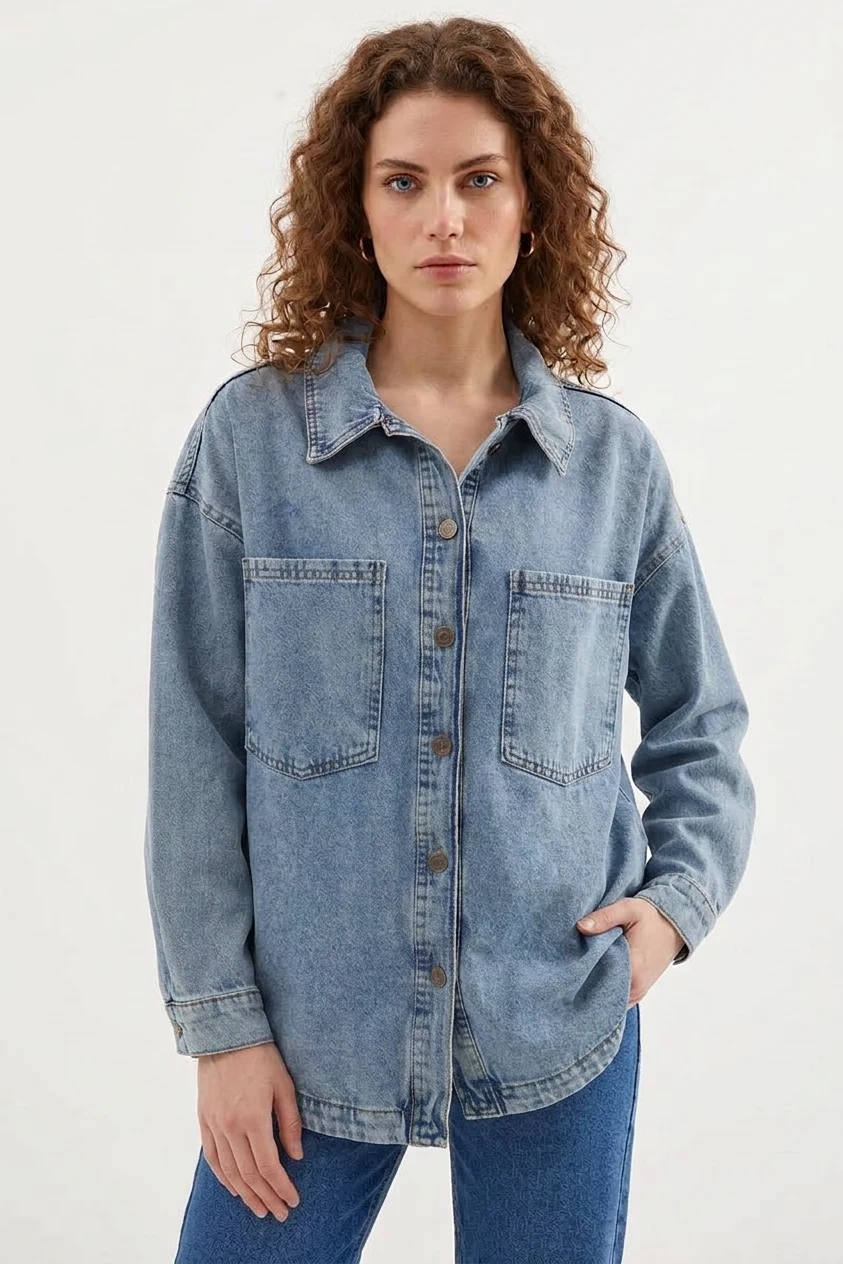 Kadın Gömlek Yaka Çift Cepli Oversize Pamuklu Buz Mavisi Ceket