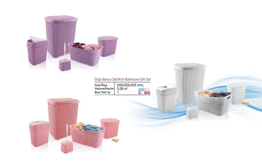 5 Parça Örgü Desenli Plastik Banyo Seti Çamaşır Sepeti Deterjanlık Klik Çöp Kovası Klozet Fırçası