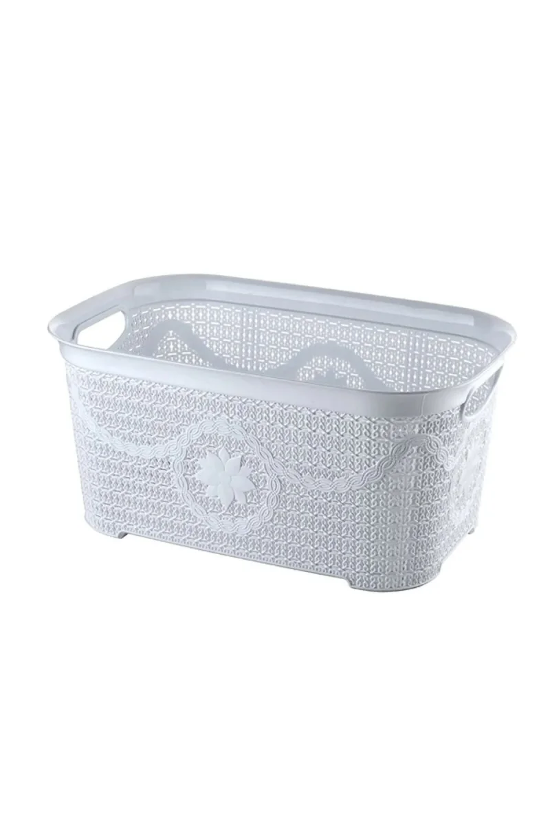 5 Parça Örgü Desenli Plastik Banyo Seti Çamaşır Sepeti Deterjanlık Çöp Kovası Klozet Fırçası - Gri