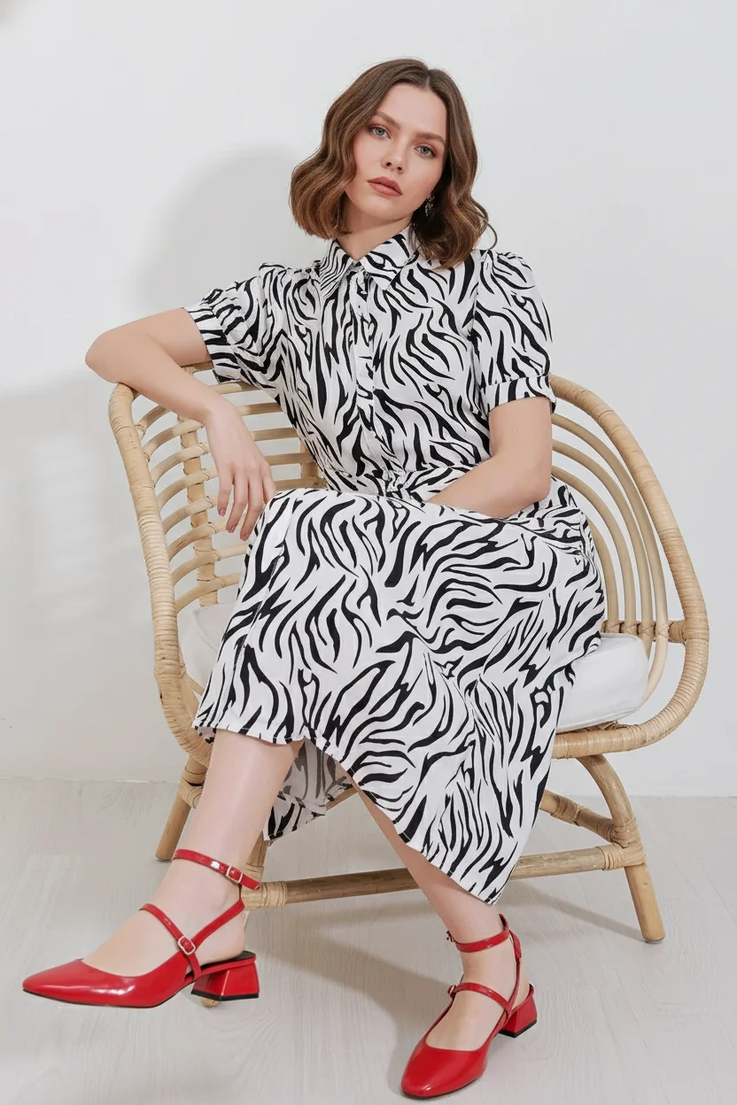 Kadın Gömlek Yaka Kuşaklı Kısa Kol Zebra Desenli Viskon Siyah Elbise