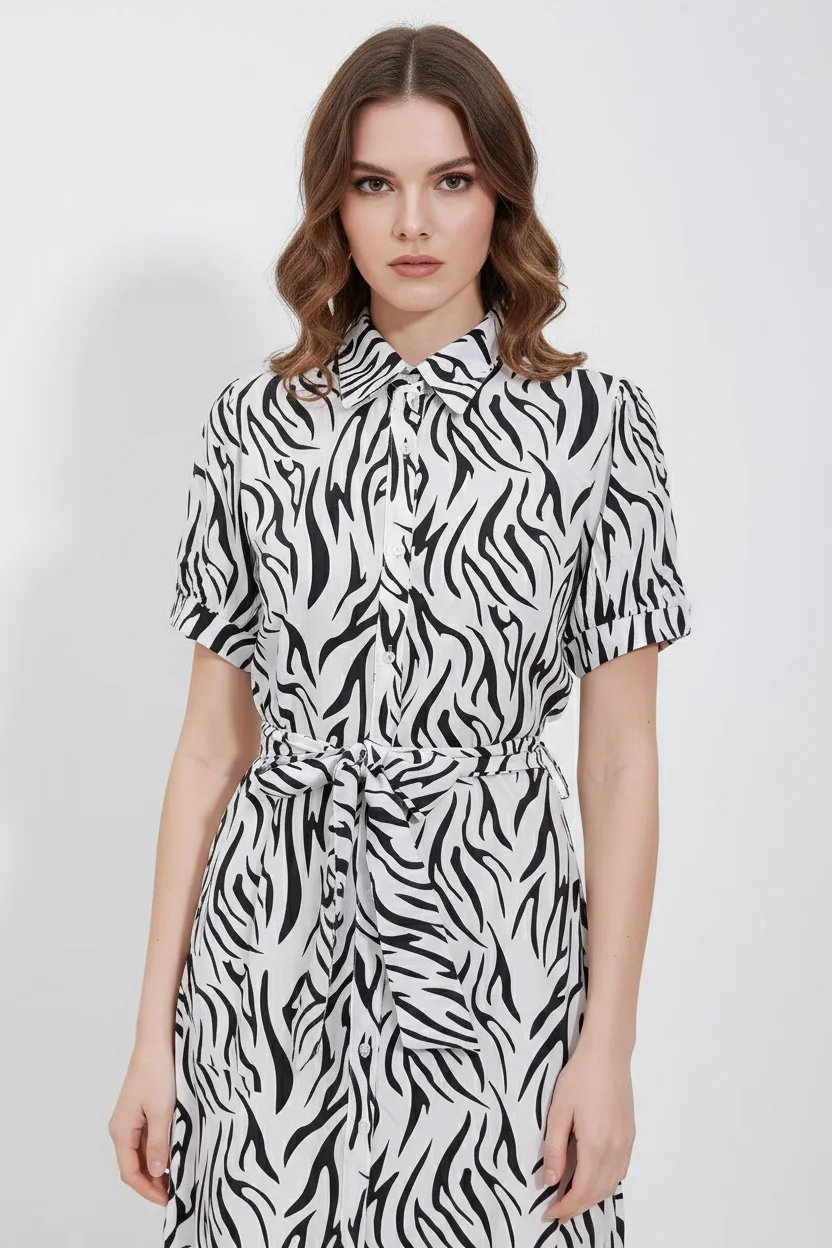 Kadın Gömlek Yaka Kuşaklı Kısa Kol Zebra Desenli Viskon Siyah Elbise
