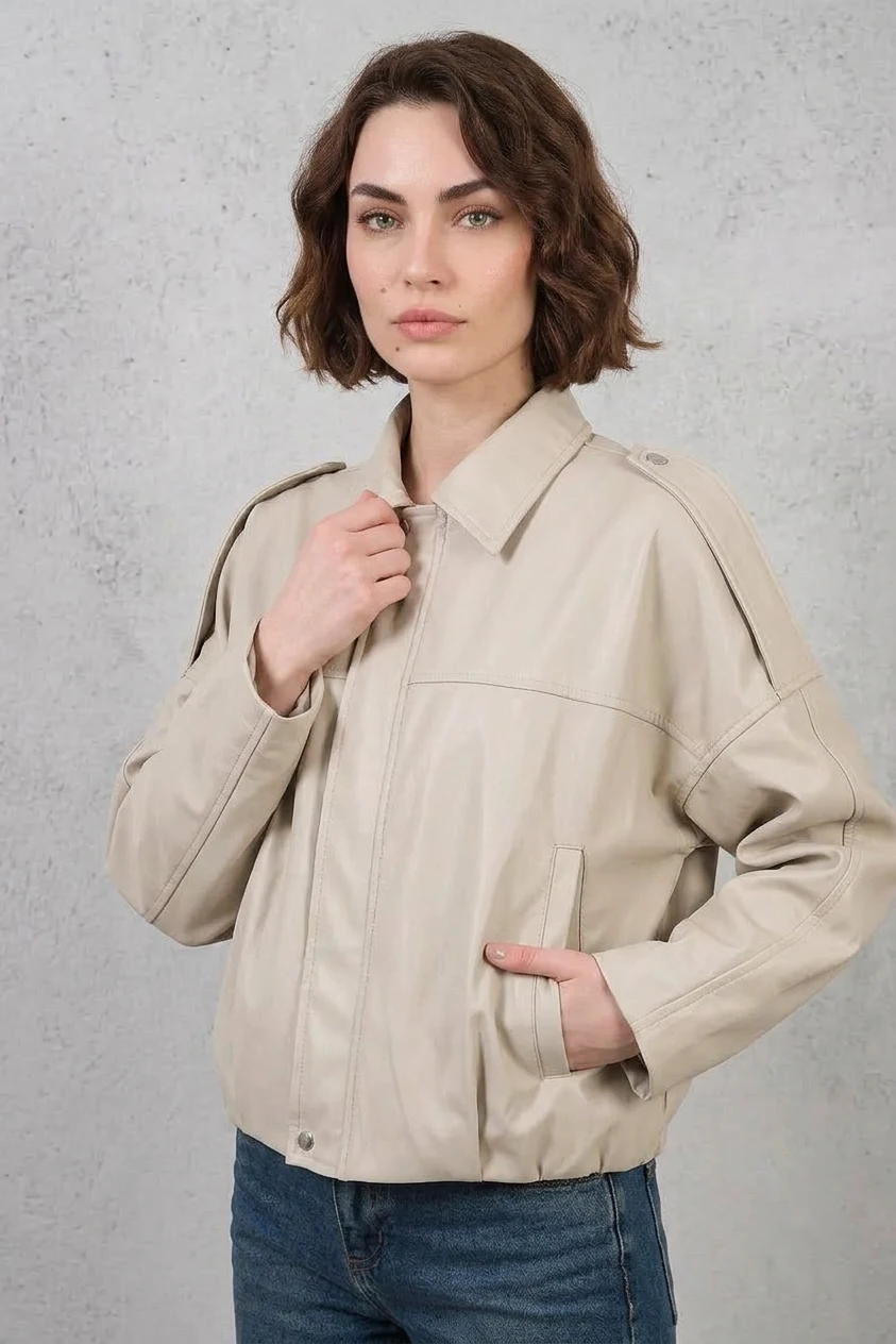 Kadın Gömlek Yaka Oversize Kesim Taş Ceket