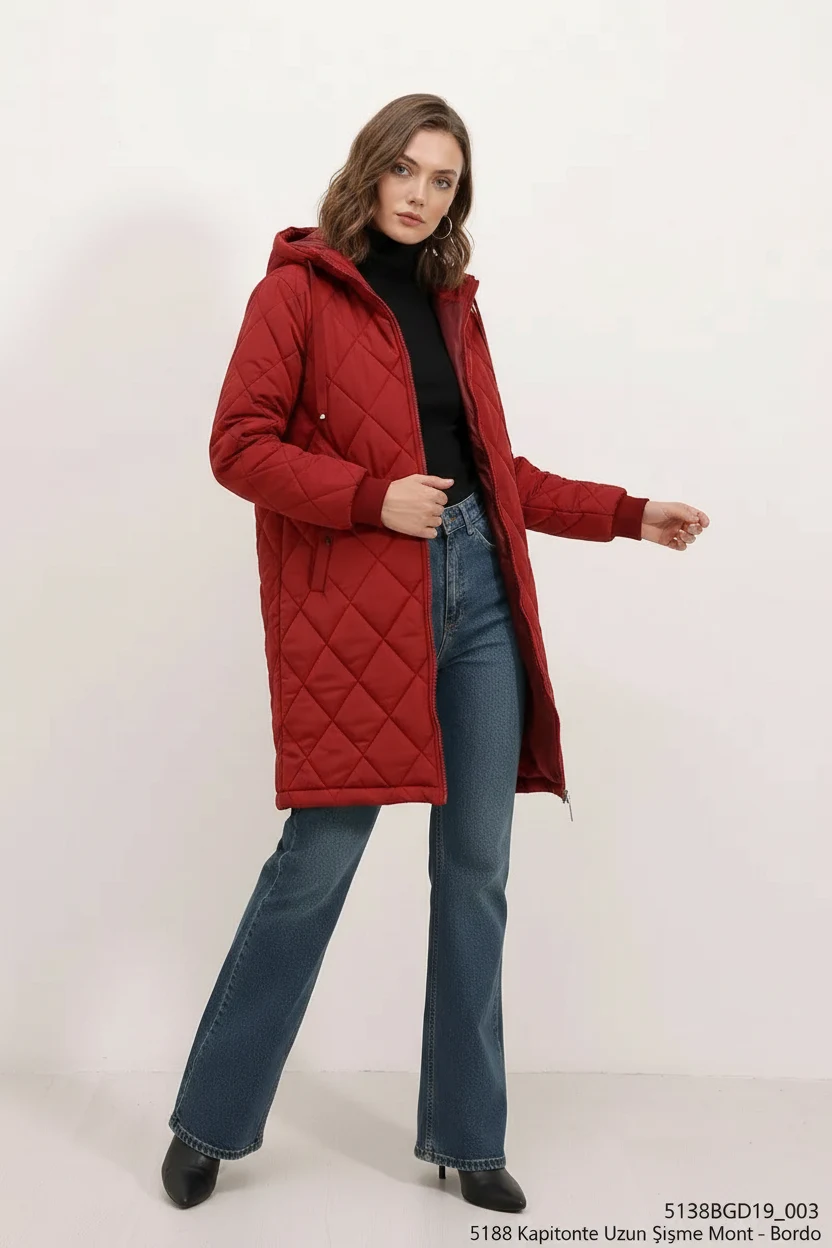 Kadın Kapüşonlu Kapitone Bordo Mont