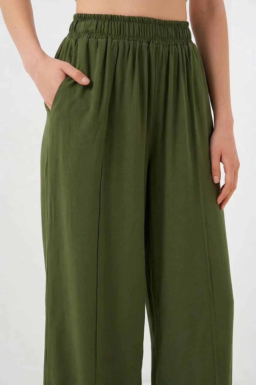 Kadın Beli Lastikli Bol Paça Haki Palazzo Pantolon