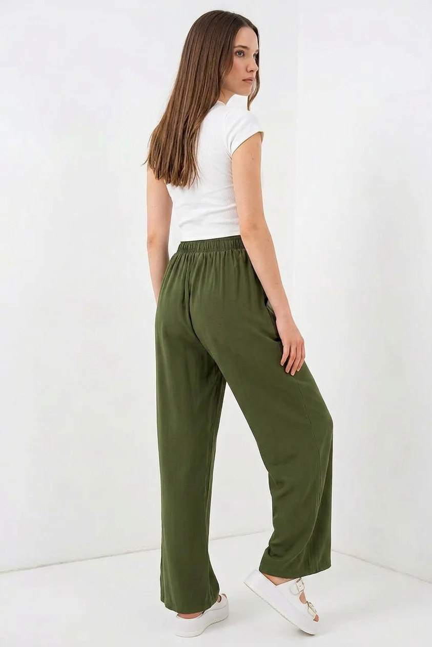 Kadın Beli Lastikli Bol Paça Haki Palazzo Pantolon