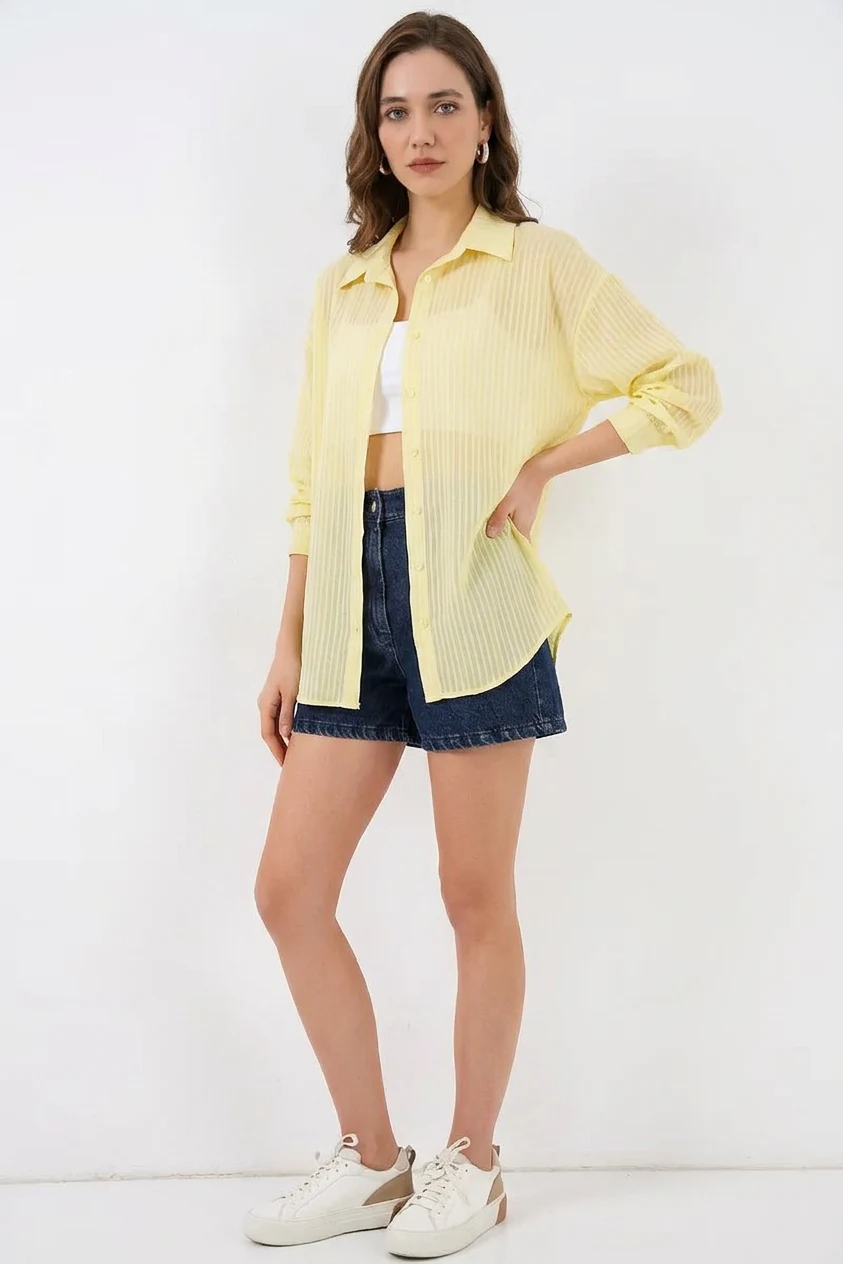 Kadın Oversize Dikey Çizgili Viskon Sarı Gömlek