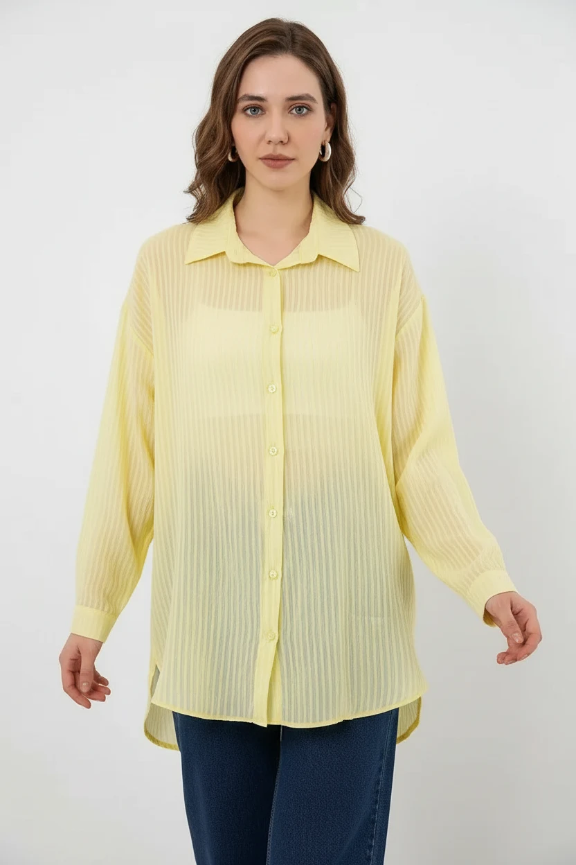 Kadın Oversize Dikey Çizgili Viskon Sarı Gömlek