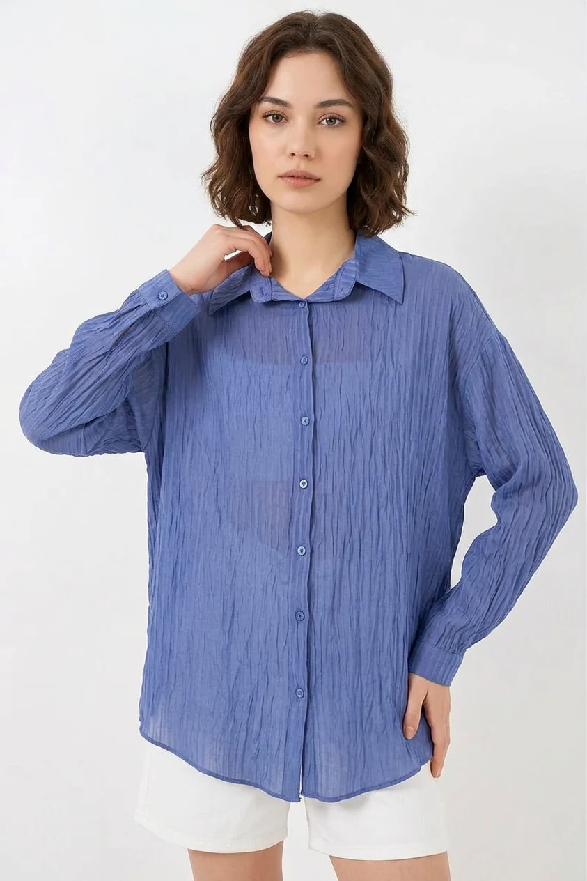 Kadın Oversize Kesim Viskon İndigo Gömlek
