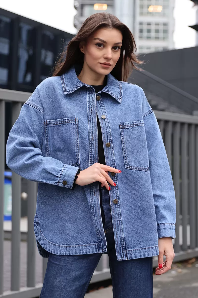 Kadın Gömlek Yaka Çift Cepli Oversize Pamuklu Koyu Mavi Ceket