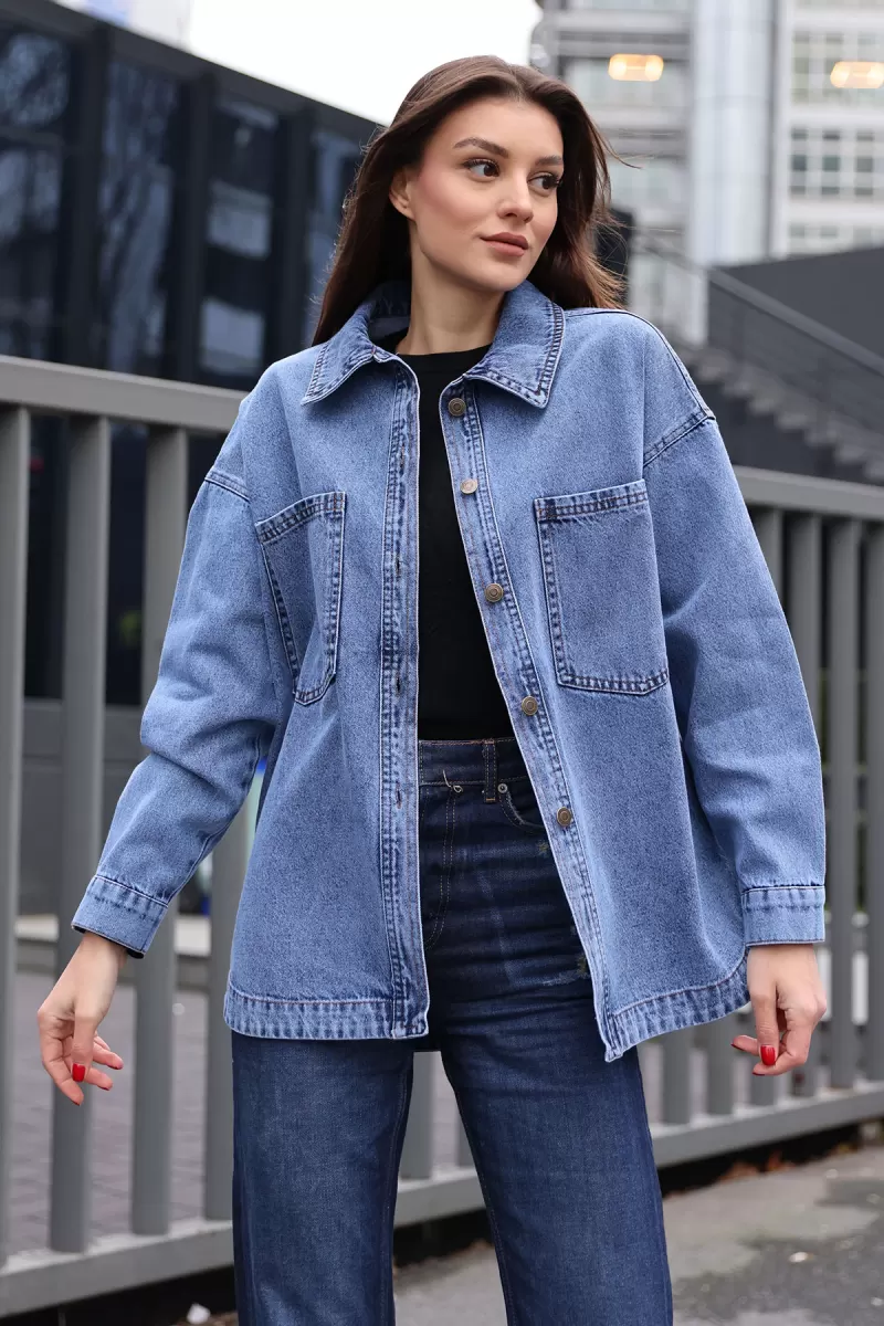 Kadın Gömlek Yaka Çift Cepli Oversize Pamuklu Koyu Mavi Ceket