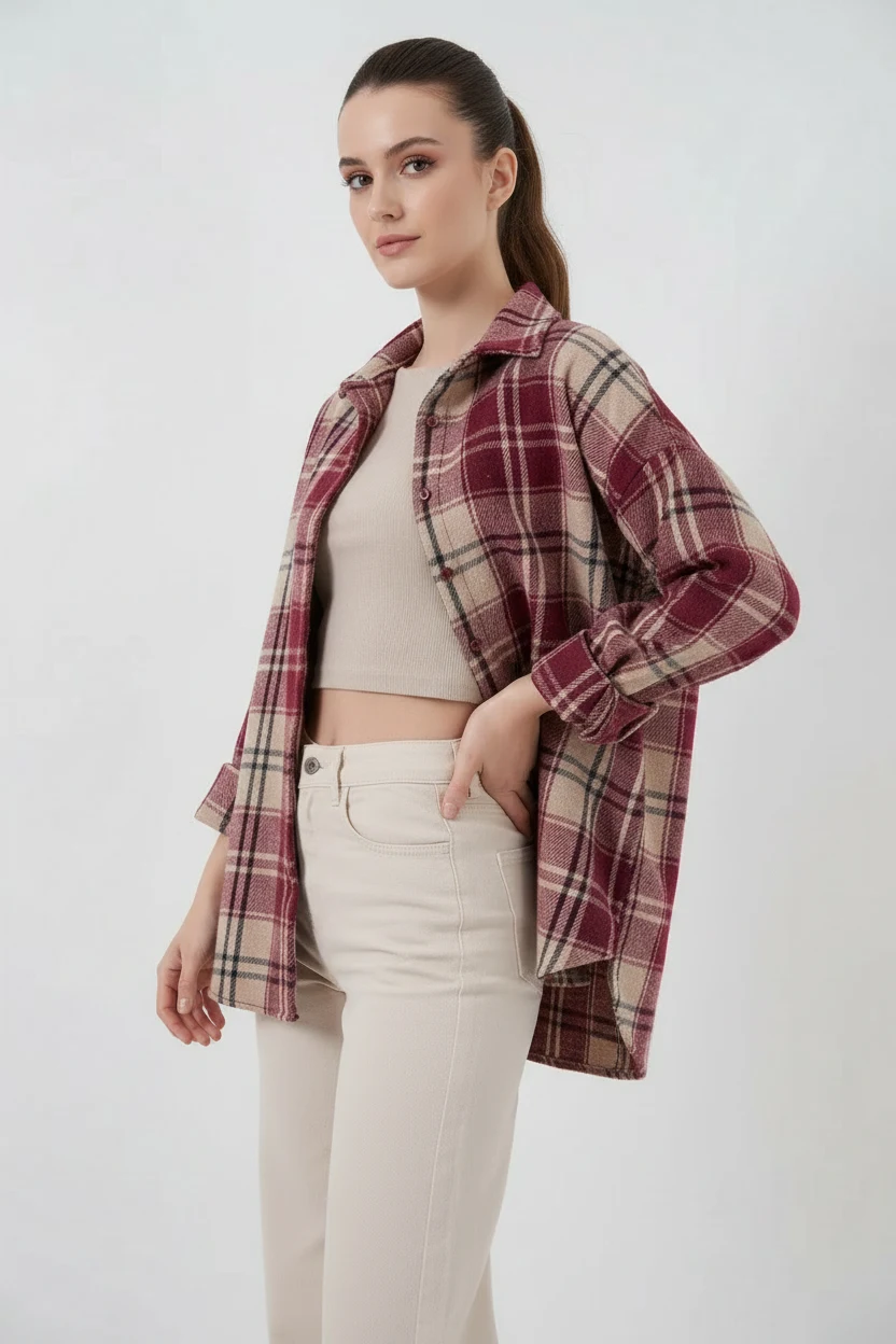 Kadın Oversize Ekose Desenli Pamuklu Bordo Gömlek