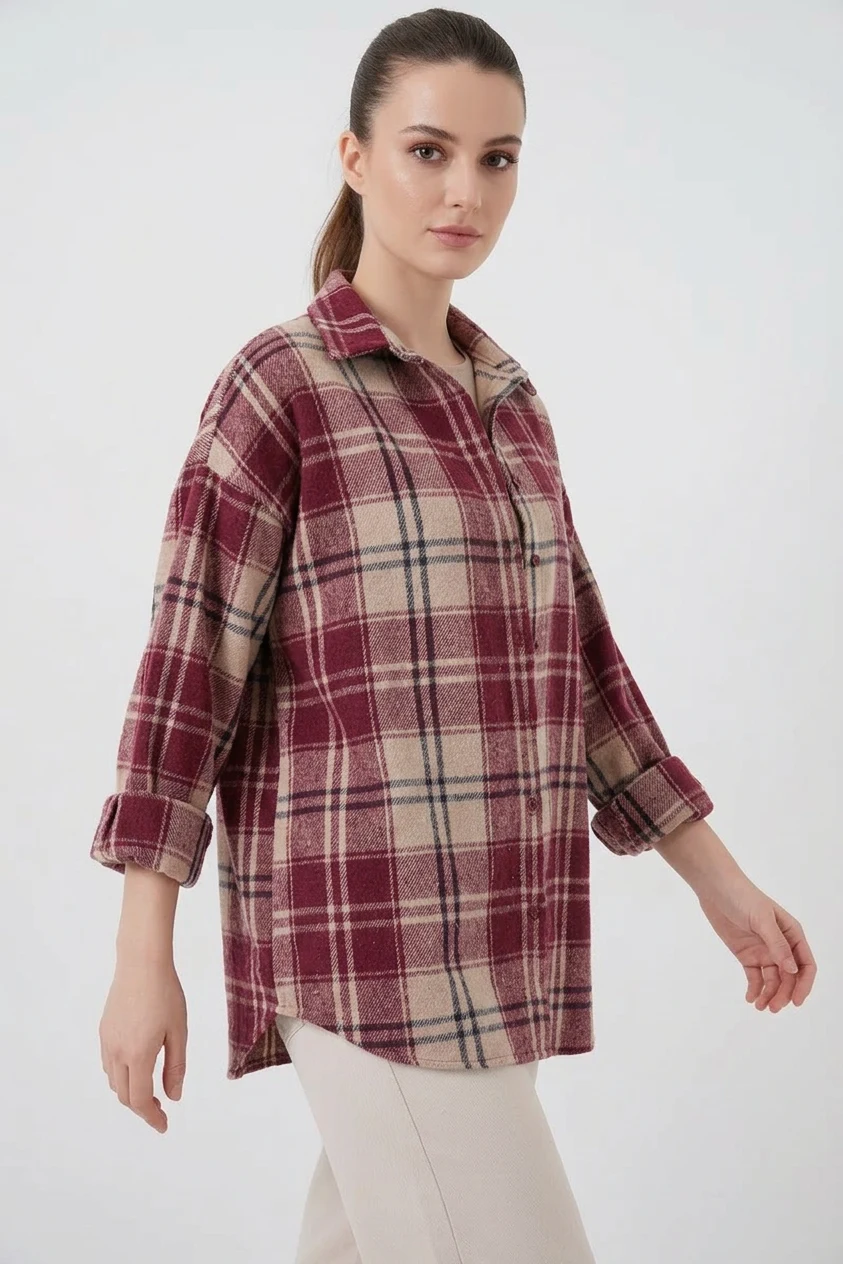 Kadın Oversize Ekose Desenli Pamuklu Bordo Gömlek