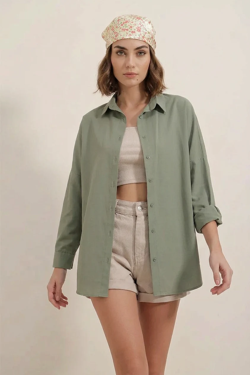 Kadın Oversize Kesim Basic Pamuklu Haki Gömlek