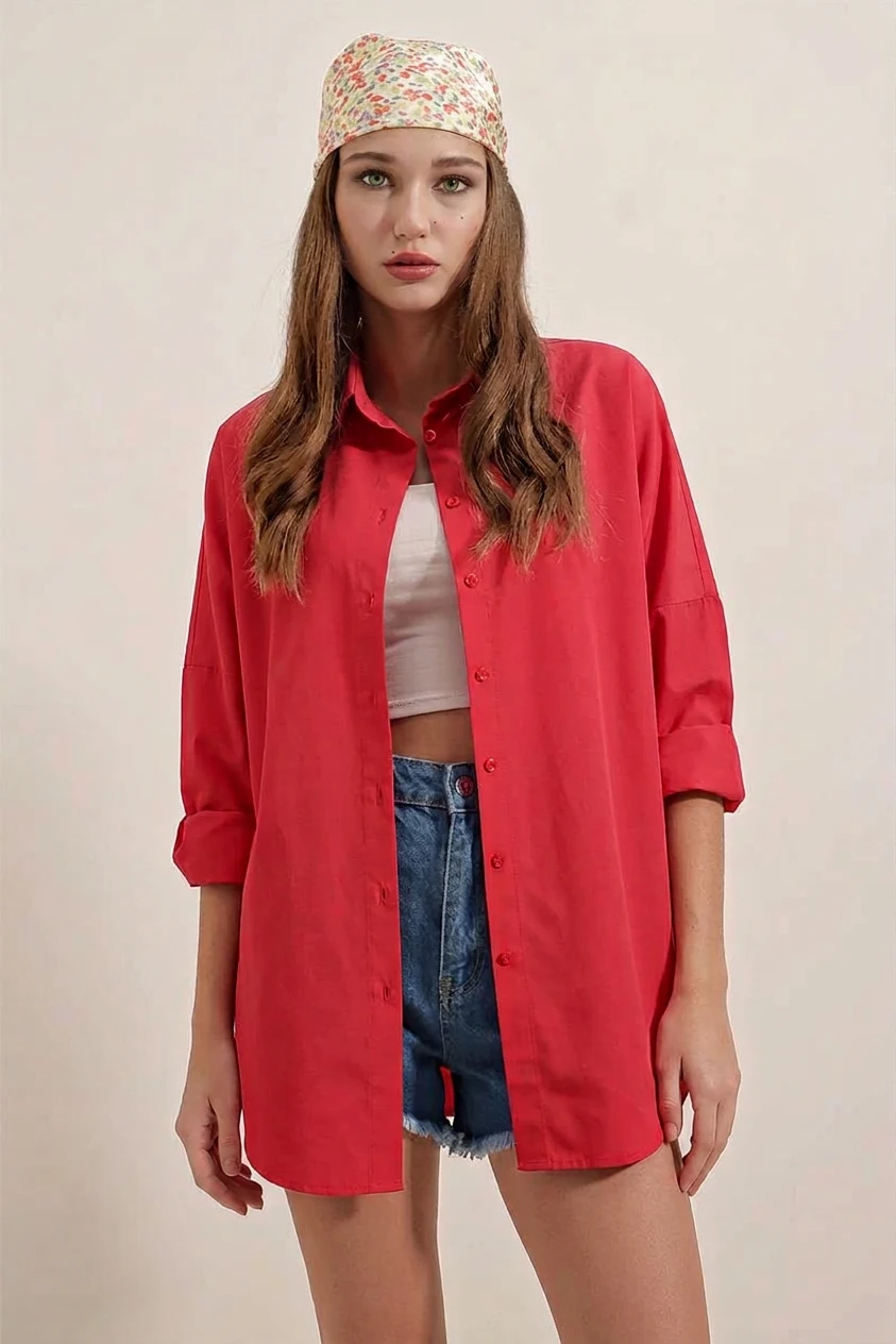 Kadın Oversize Basic Pamuklu Kırmızı Gömlek