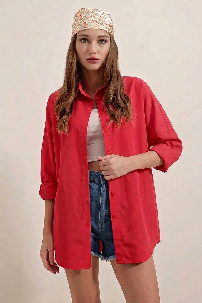 Kadın Oversize Basic Pamuklu Kırmızı Gömlek