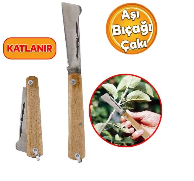 Aşı Bıçağı Profesyonel Çelik Tepeli Uçlu Bağ Ağaç Budama Aşı Çakısı 170 mm Ahşap Saplı Bıçak Çakı