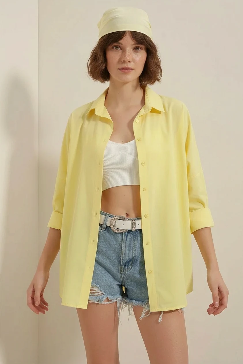 Kadın Oversize Basic Pamuklu Sarı Gömlek