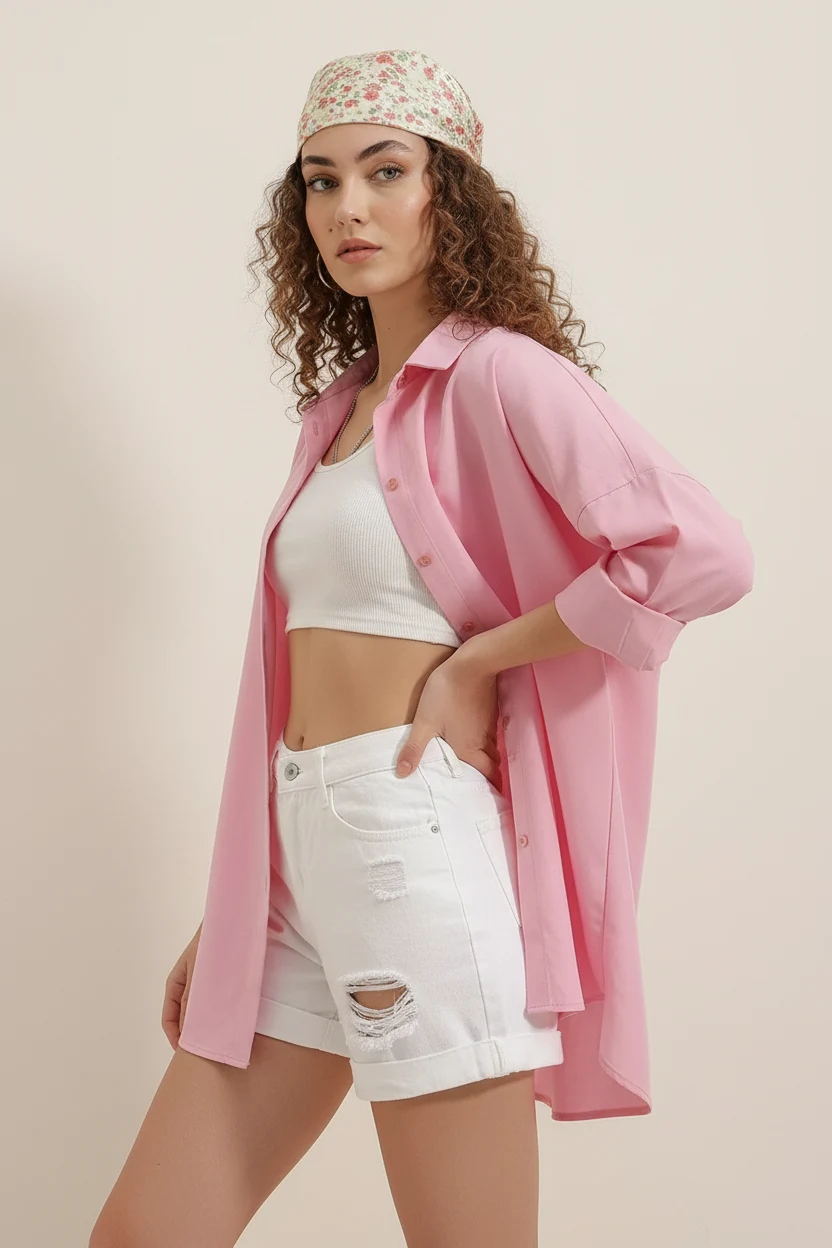 Kadın Oversize Basic Pamuklu Pembe Gömlek
