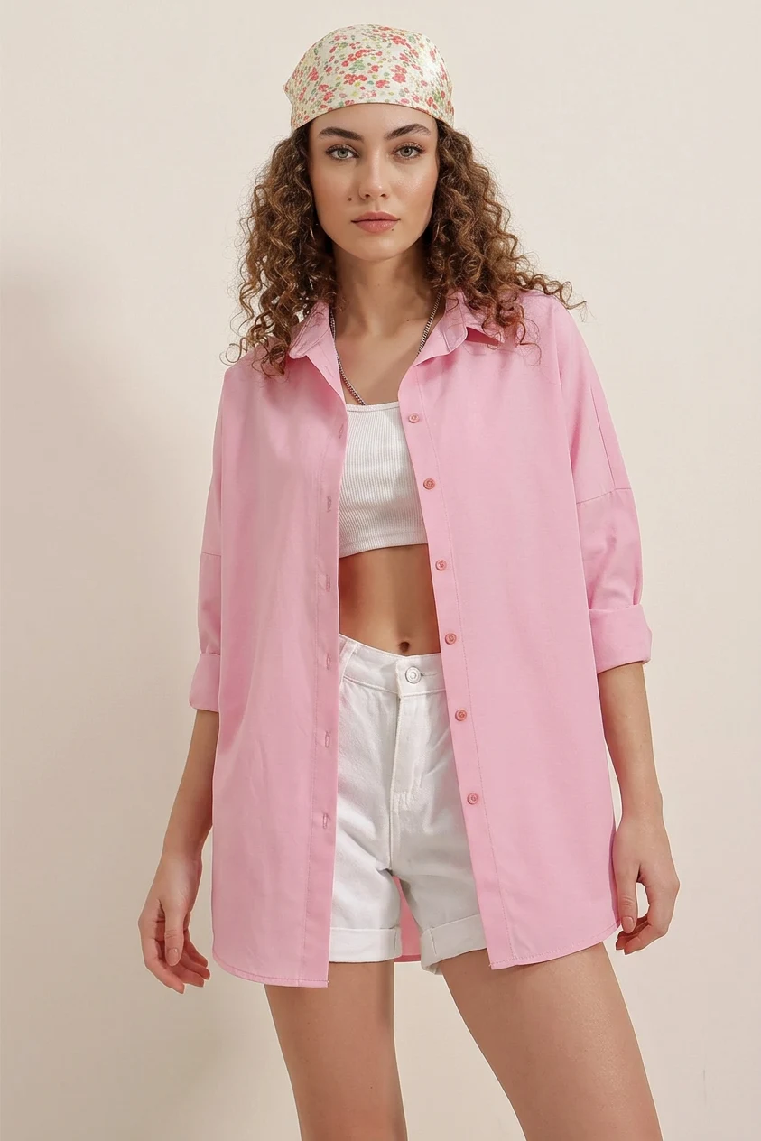 Kadın Oversize Basic Pamuklu Pembe Gömlek