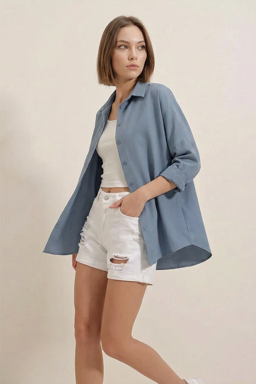 Kadın Oversize Basic Pamuklu İndigo Gömlek