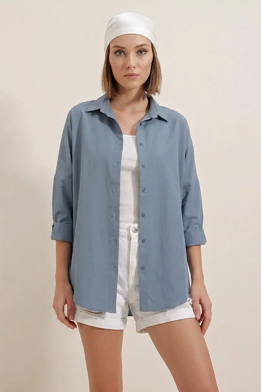 Kadın Oversize Basic Pamuklu İndigo Gömlek