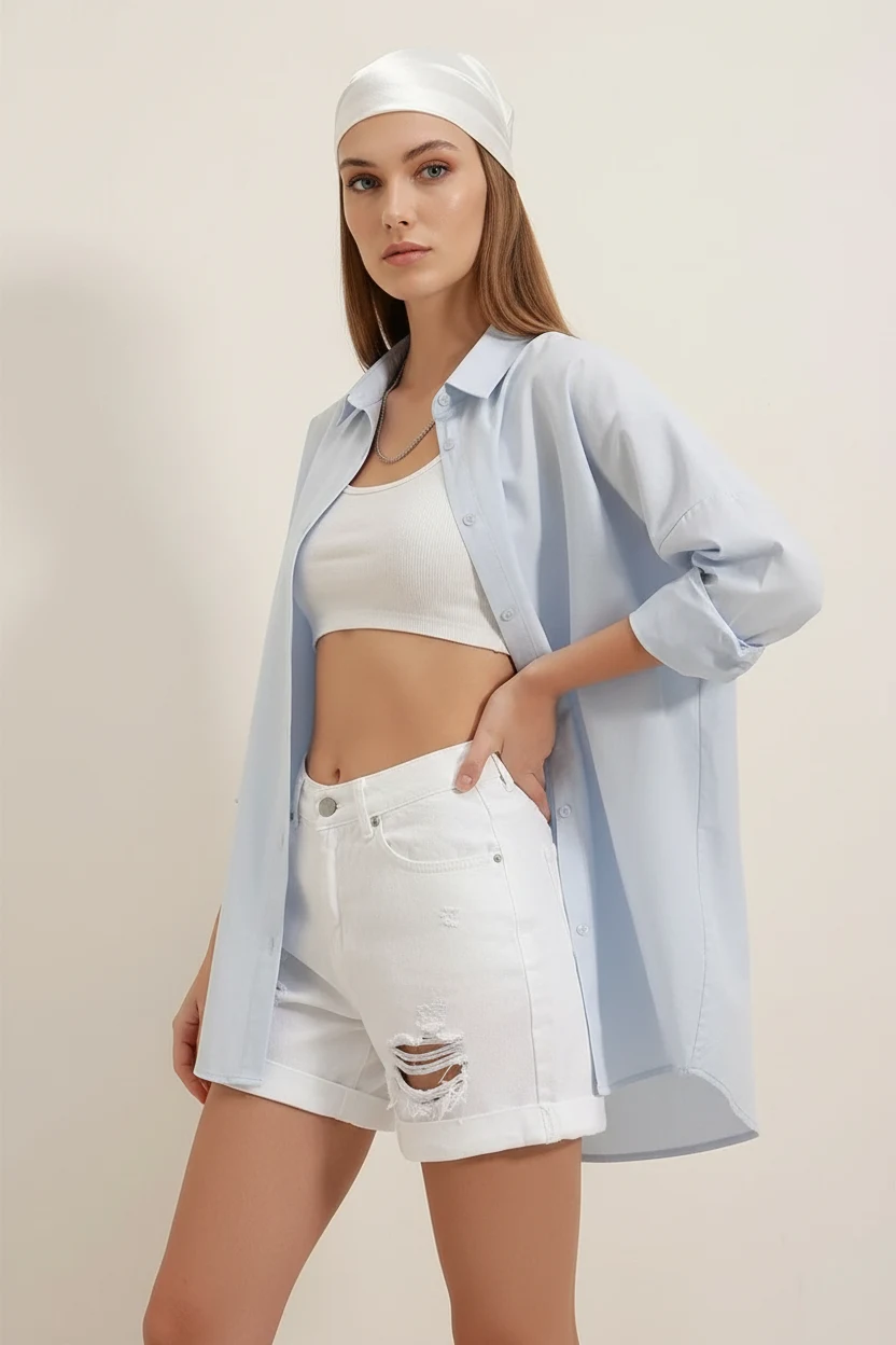 Kadın Oversize Basic Pamuklu Açık Mavi Gömlek