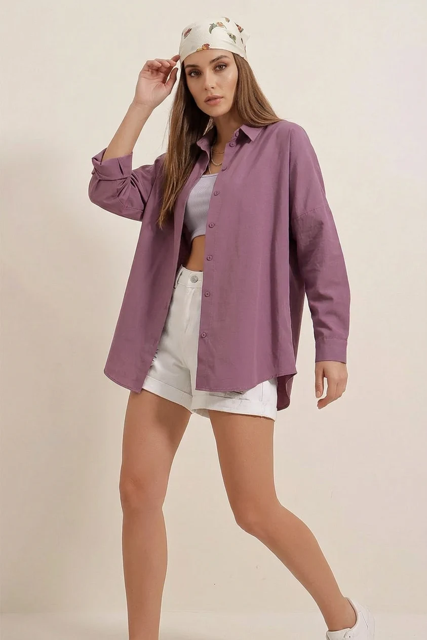 Kadın Oversize Basic Pamuklu Koyu Lila Gömlek