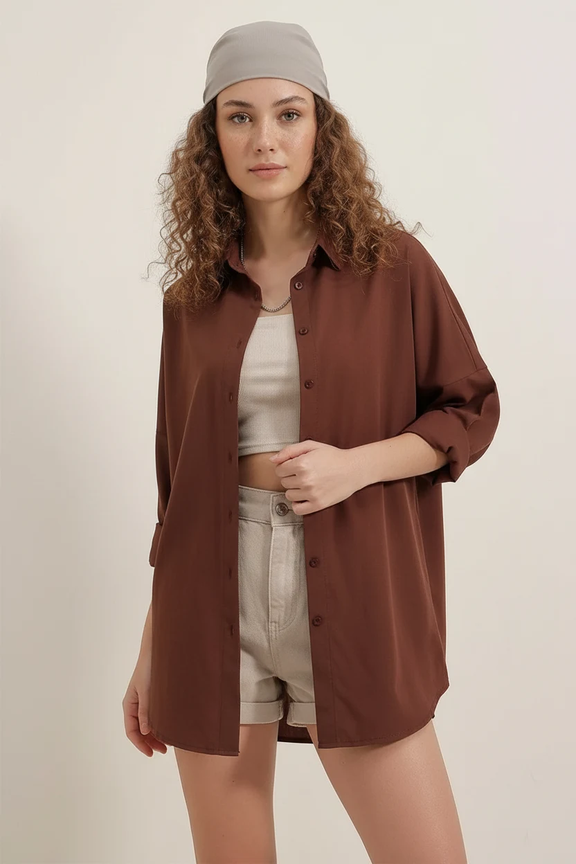 Kadın Oversize Kesim Basic Pamuklu Kahverengi Gömlek