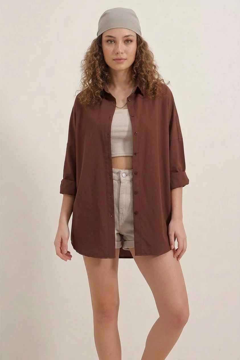 Kadın Oversize Kesim Basic Pamuklu Kahverengi Gömlek