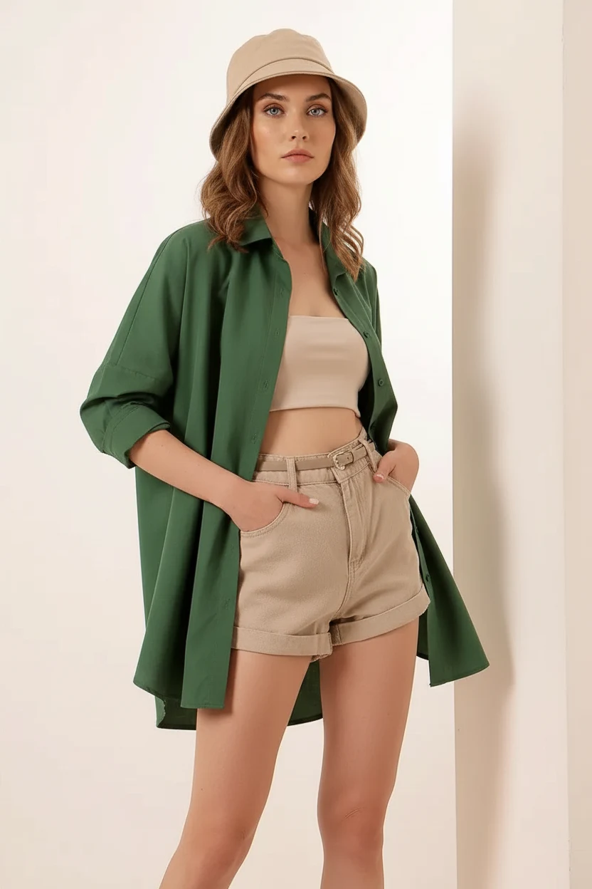 Kadın Oversize Kesim Basic Pamuklu Zümrüt Yeşili Gömlek