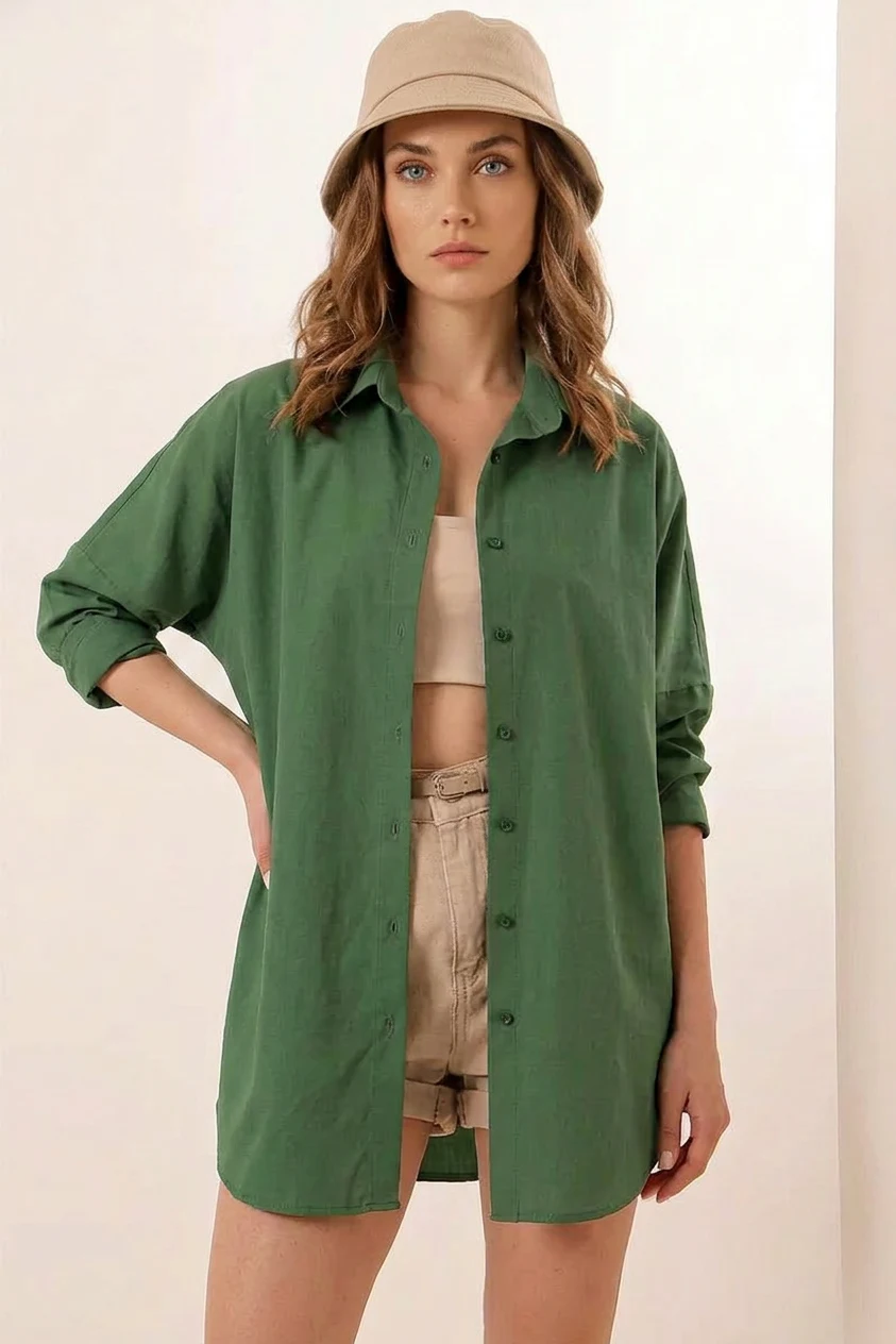 Kadın Oversize Kesim Basic Pamuklu Zümrüt Yeşili Gömlek