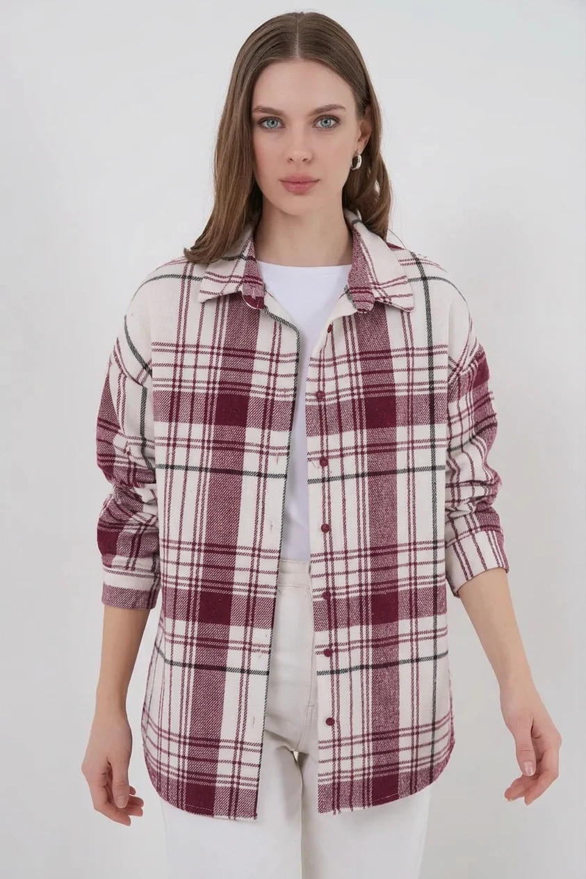 Kadın Oversize Ekose Desen Pamuklu Koyu Pembe Gömlek