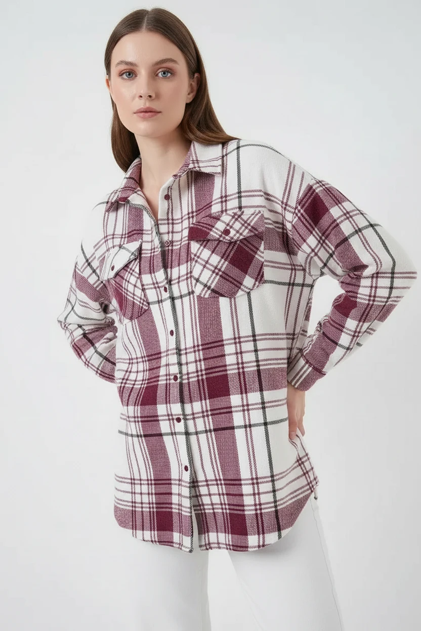 Kadın Oversize Ekose Desen Pamuklu Koyu Pembe Gömlek