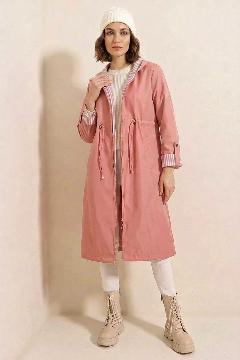 Kadın Beli Büzgülü Kapşonlu Çizgili Pembe Trençkot