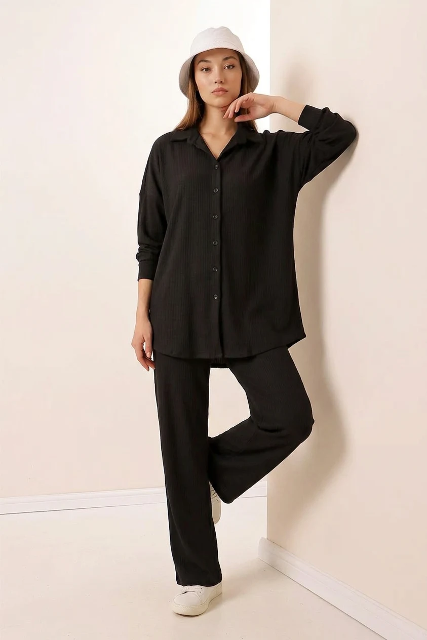 Kadın Gömlek Yaka Düğmeli Oversize Siyah İkili Takım