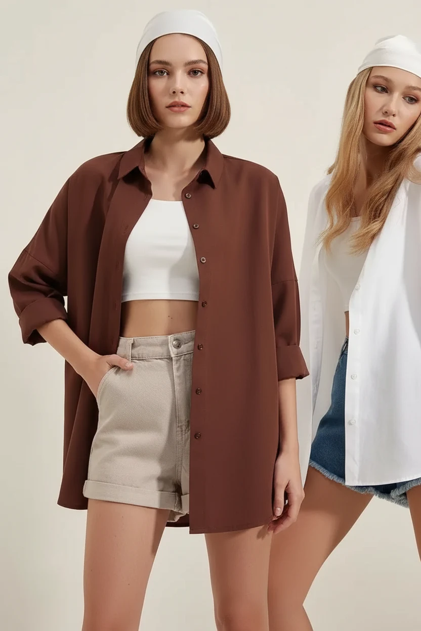 Kadın Oversize Kesim Basic Pamuklu Beyaz ve Kahve Gömlek