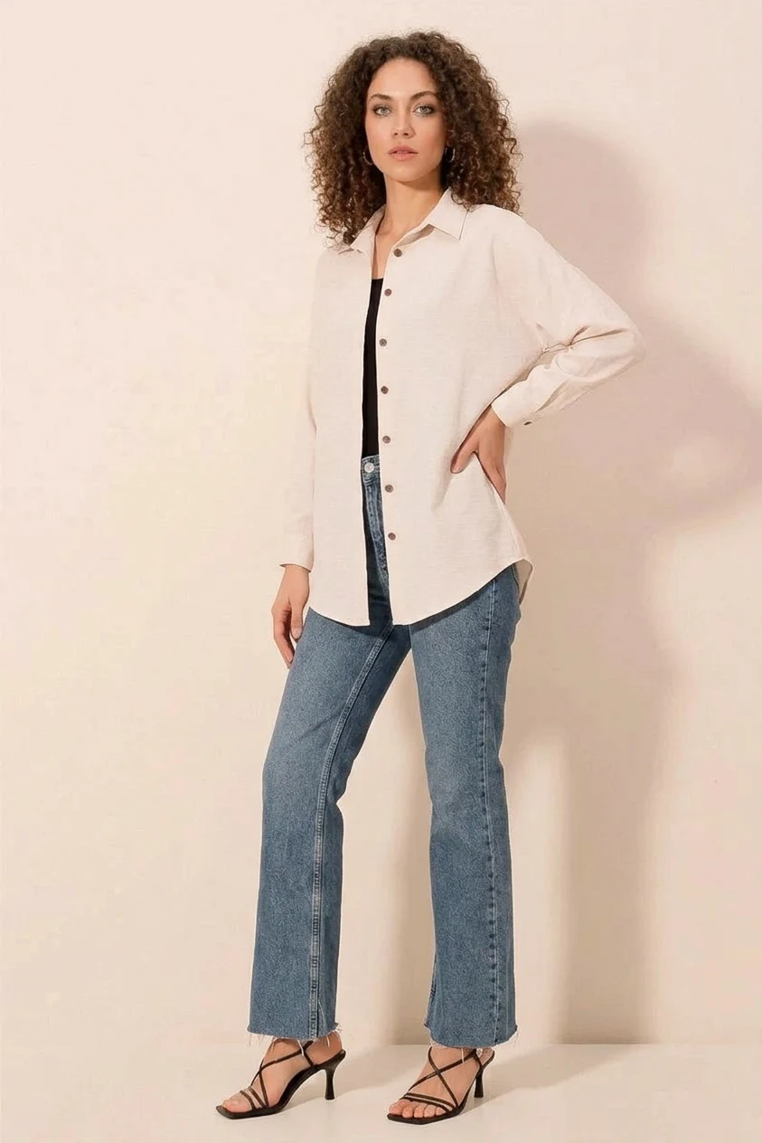 Kadın Oversize Basic Viskon Krem Gömlek