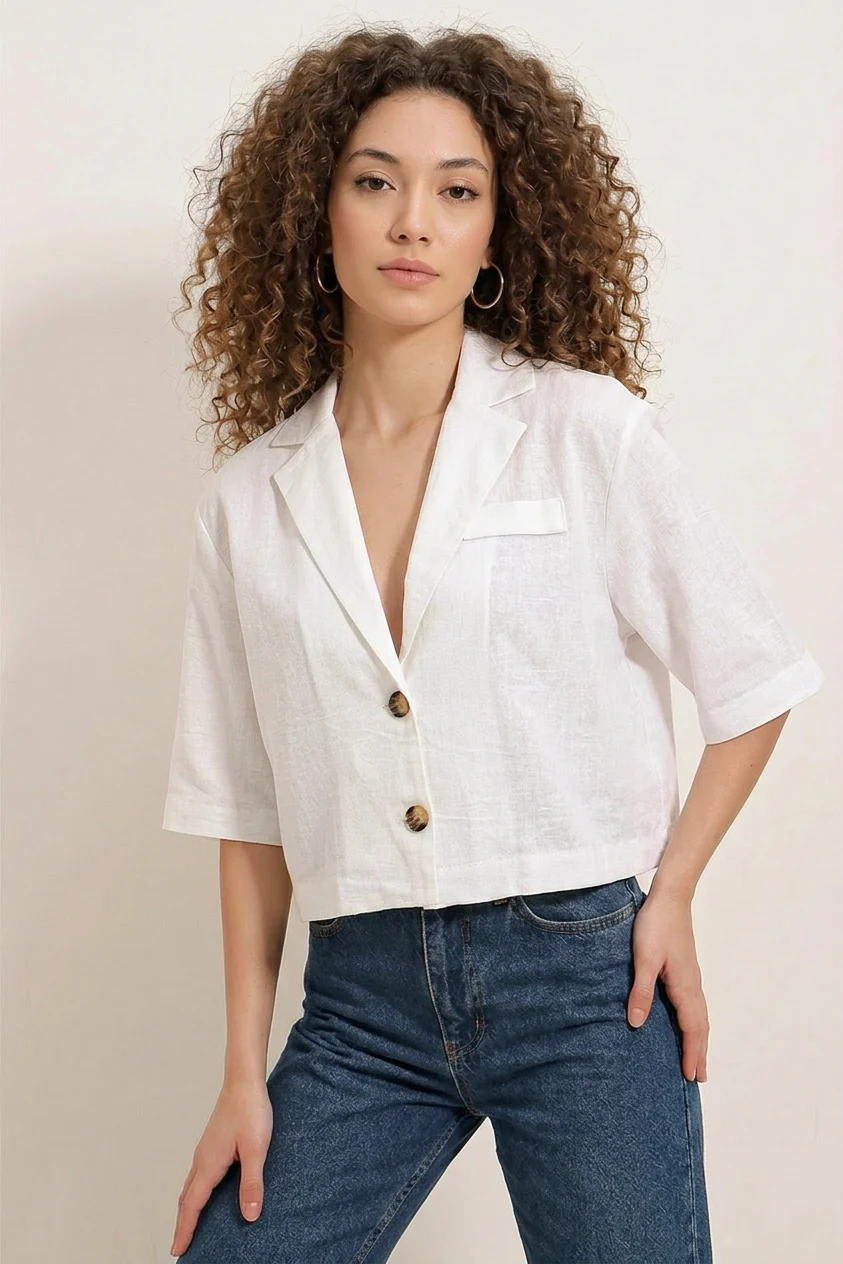 Kadın Gömlek Yaka Crop Oversize Düğmeli Keten Beyaz Ceket