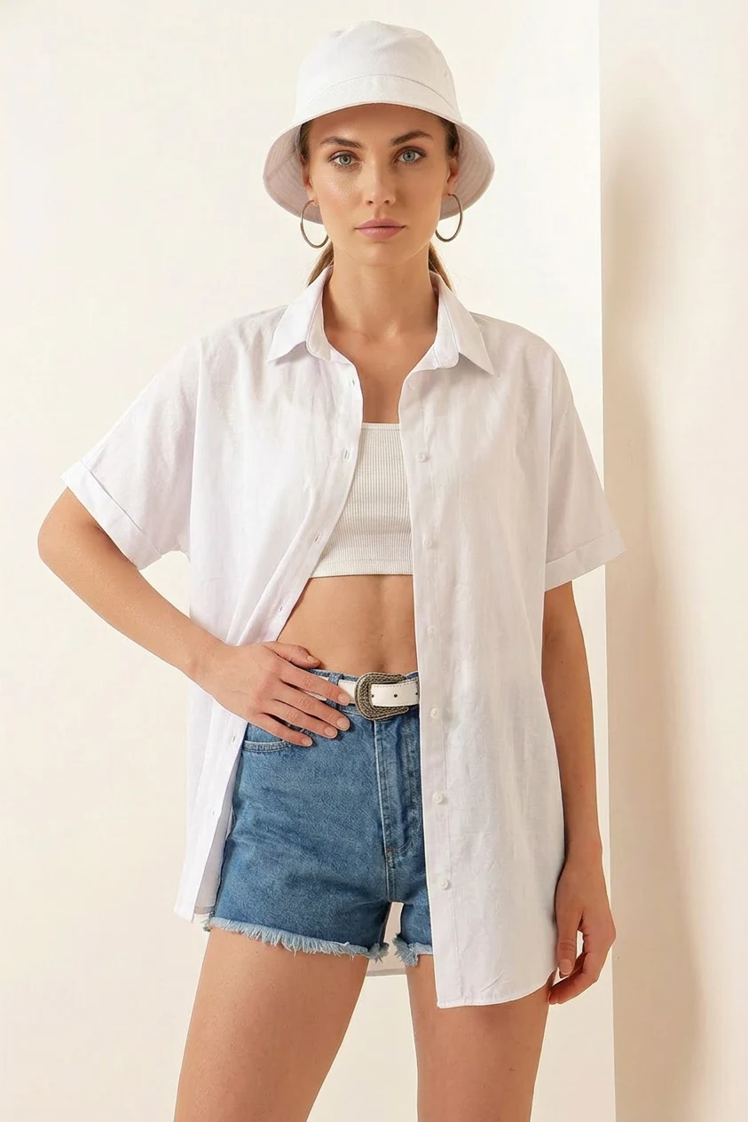 Kadın Kısa Kol Oversize Pamuklu Beyaz Gömlek